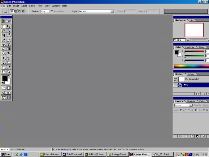 Рис. A.2. Интерфейс Adobe Photoshop 6.0, отображаемый при первом запуске программы
