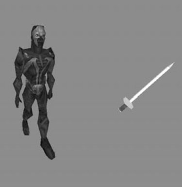 Рис. 15.2. Полностью анимированая трехмерная модель (слева), несущая оружие (справа) представляет игровой персонаж