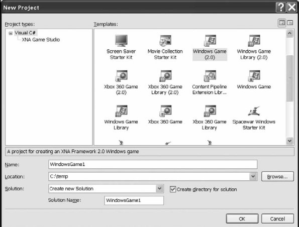 Рис. 1.1. Создание нового проекта Windows Game (2.0) в Visual C# Express Edition