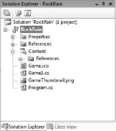 Рис. 3.2. Окно XNA Game Solution с созданным проектом Rock Rain