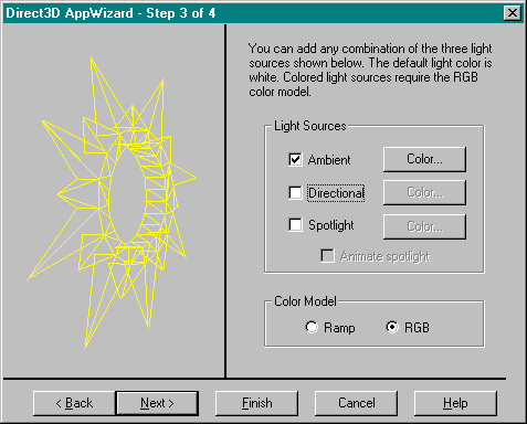 Рис. 6.2 Окно выбора источников света мастера Direct3D AppWizard